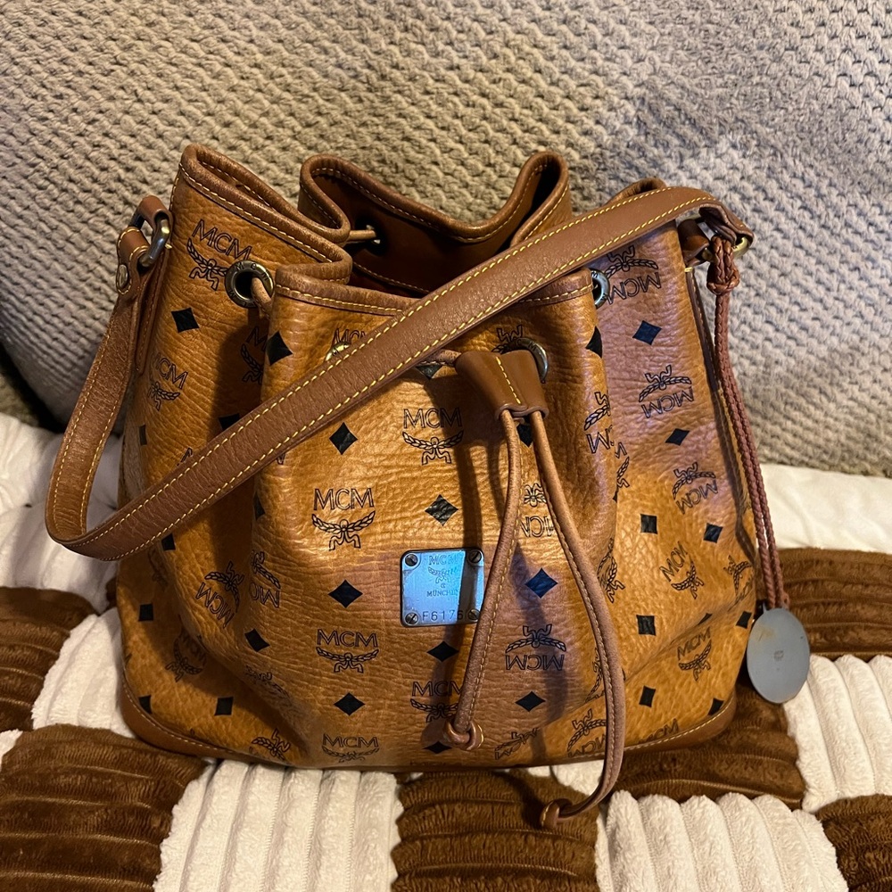 MCM Cognac Visetos Drawstring Bucket Bag